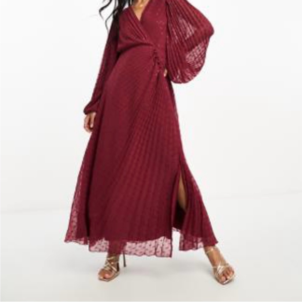 ASOS Burgundy Wrap Maxi Dress with Pleated Bishop Sleeves